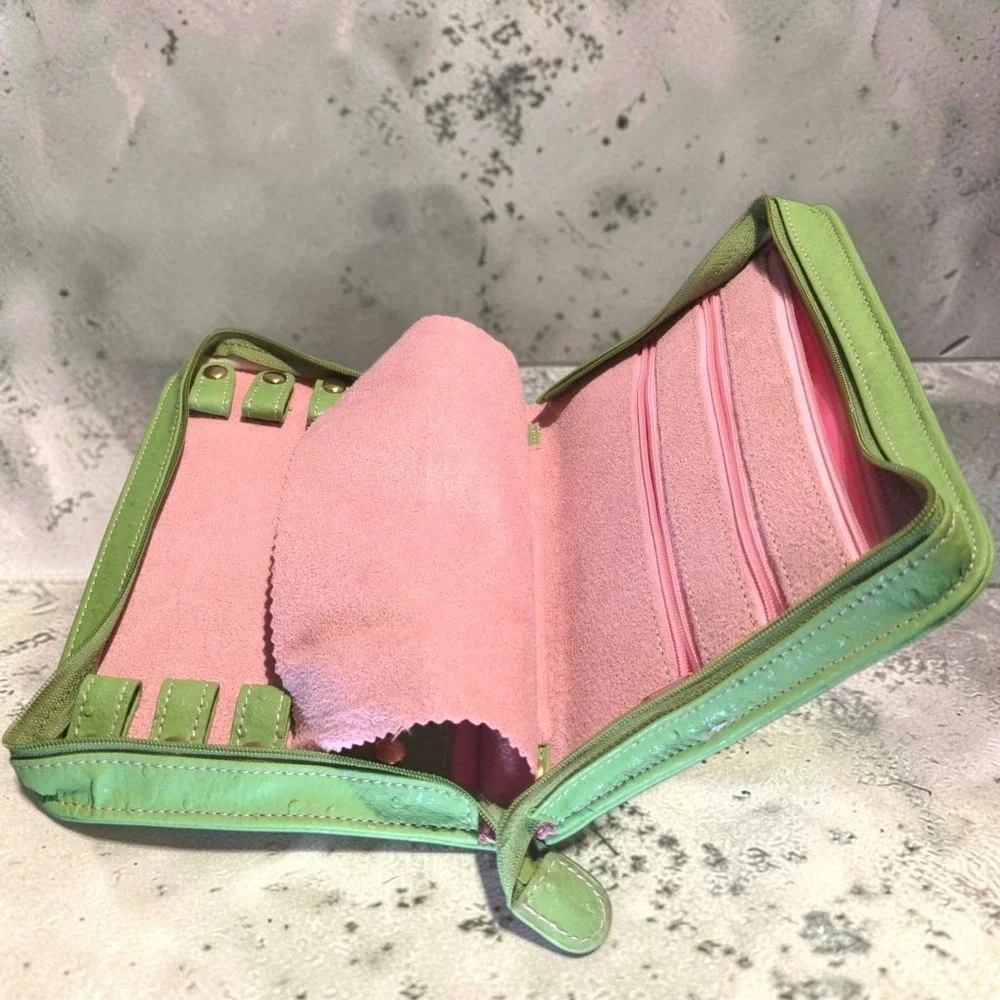 VTG Reed & Barton Ostrich Leather Travel Jewelry Case Organizer Green TD Logo